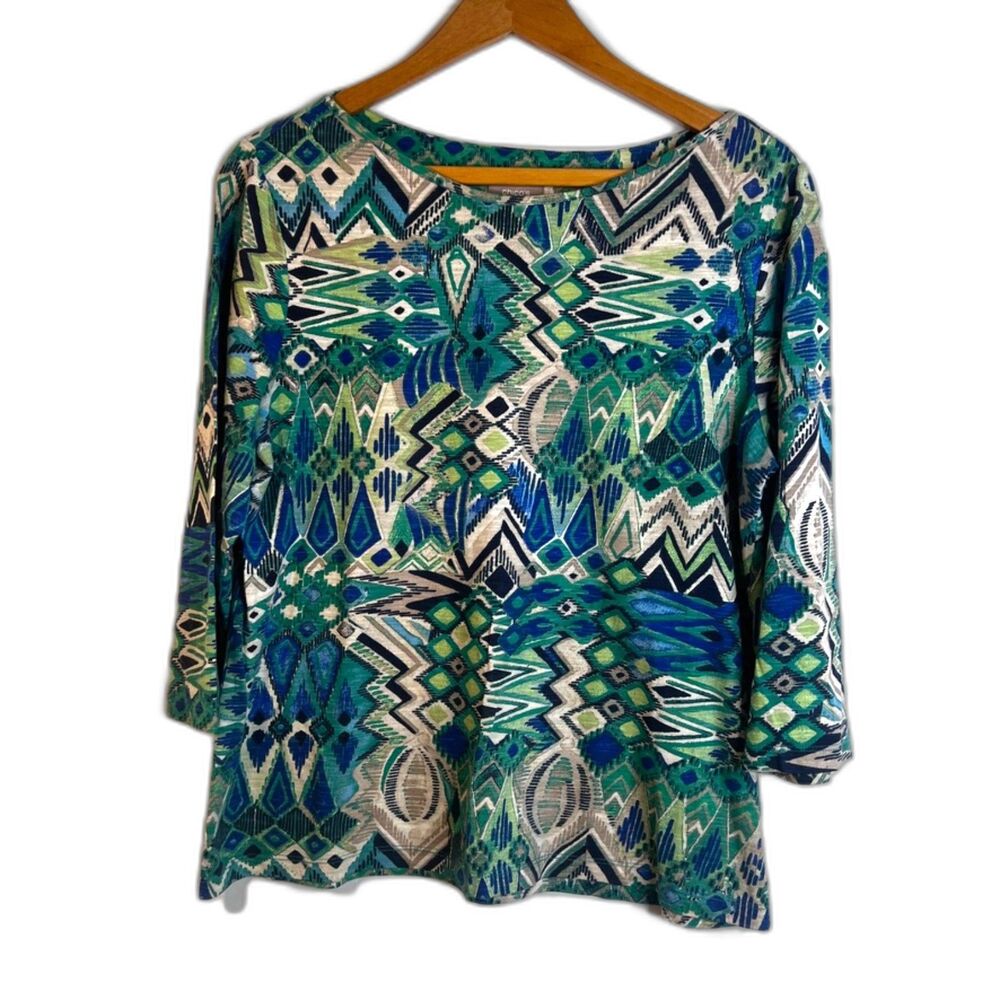 Chicos Maximalist 100% Cotton Bold Abstract Blouse Tribal Peacock Aztec Sz 1/SM